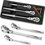 DURATECH 3-Piece Flex-Head Ratchet Set, 1/4", 3/8", 1/2" Drive Ratchet, 72-Tooth with Quick-Release Reversible Design, Chrome Alloy Made,